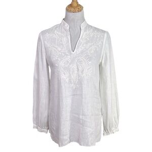 Lauren Ralph Lauren White 100% Linen Embroidered Top Size Small